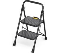 KINGRACK 2 Step Ladder, Foldable Step Stool with Anti-Slip Wide Pedals, Handrail, Safe-Lock Design, Pass 360kg Load Testing, Heavy Duty Portable Ladder for Multi-Purpose, Home, Kitchen, Black