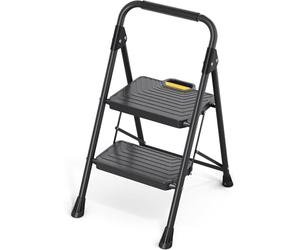 KINGRACK 2 Step Ladder, Foldable Step Stool with Anti-Slip Wide Pedals, Handrail, Safe-Lock Design, Pass 360kg Load Testing, Heavy Duty Portable Ladder for Multi-Purpose, Home, Kitchen, Black