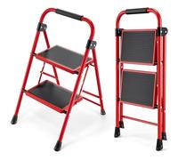 KINGRACK 2 Step Ladder, Folding Ladder with Non-Slip and Wide Pedal, Small Ladder with Handle, Sturdy Steel Step Stool, Lightweight and Portable Step Ladder, Red