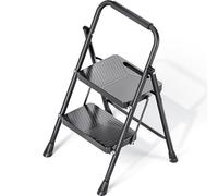 KINGRACK 2 Step Ladder, Folding Steel Step Ladder with Handrail, Anti-Slip Wide Pedals, Safe Lock Design, Heavy Duty 226kg Load, Portable Ladder for Home, Kitchen, and Office Use, Black