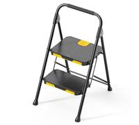 KINGRACK 2 Step Ladder, Sturdy Steel Step Stool with Safe-Lock Design, Handrail, Anti-Slip Wide Pedals, Pass 800lbs Load Testing, Folding Portable Ladder for Multi-Purpose, Home, Kitchen, Black