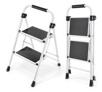 KINGRACK 2 Step Ladder with Non-Slip and Wide Pedal, Small Sturdy Steel Folding Ladder with Handle, Lightweight and Portable, White