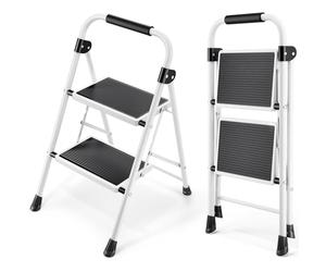 KINGRACK 2 Step Ladder with Non-Slip and Wide Pedal, Small Sturdy Steel Folding Ladder with Handle, Lightweight and Portable, White