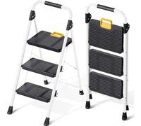 KINGRACK 3 Step Folding Ladder, Step Stool with Safety Lock, Non-Skid Wide Pedals, and Handrail, Lightweight, Household Ladder for Home, Kitchen, Pantry, Closets, and Office Use, White