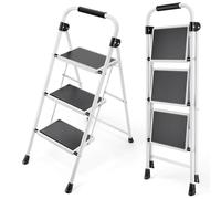 KINGRACK 3 Step Folding Ladder With Non-Slip Wide Pedal, Handle, Sturdy Steel Construction - Lightweight and Portable, White