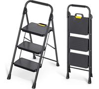 KINGRACK 3 Step Ladder, Foldable Step Stool with Anti-Slip Wide Pedals, Handrail, Safe-Lock Design, Pass 360kg Load Testing, Heavy Duty Portable Ladder for Multi-Purpose, Home, Kitchen, Black