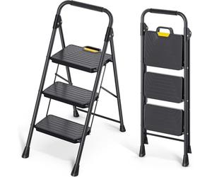 KINGRACK 3 Step Ladder, Foldable Step Stool with Anti-Slip Wide Pedals, Handrail, Safe-Lock Design, Pass 360kg Load Testing, Heavy Duty Portable Ladder for Multi-Purpose, Home, Kitchen, Black