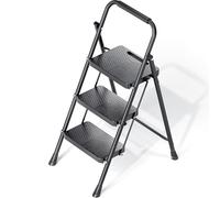 KINGRACK 3 Step Ladder, Folding Steel Step Ladder with Handrail, Anti-Slip Wide Pedals, Safe Lock Design, Heavy Duty 226kg Load, Portable Ladder for Home, Kitchen, and Office Use, Black