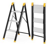 KINGRACK 3 Step Ladder, Wide Anti-Slip Aluminium Pedal, 330 lbs Load Black | Folding Step Stool with Safety Lock, Space Saving, Portable Ladder for Kitchen, Garage & Office