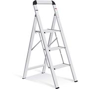 KINGRACK 3 Step Ladder with Handrail, Non-Slip Household Ladder with Folding Safety, Aluminium Folding Step Stool, Maximum Load 150 kg, Silver
