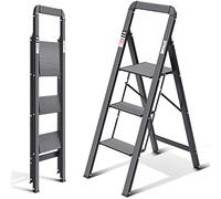 KINGRACK 3 Step Ladder with Handrail, Non-Slip Household Ladder with Folding Safety, Aluminium Folding Step Stool, Maximum Load 150 kg, Black