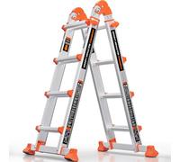 KINGRACK 4 Step A Frame Telescopic Ladder, 14Ft Non-Slip Aluminium Combination Extension Ladder With Stabilizer Bar, 330LBS Heavy Duty Foldable Ladder For Home Garden Roof Work
