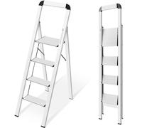 KINGRACK 4 Step Aluminium Step Ladder with Handrail, 330lbs Silver | Lightweight, portable, foldable space-saving structure, stable frame, anti-slip pedals, ideal for home kitche