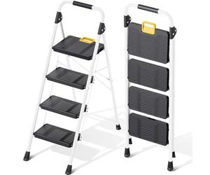 KINGRACK 4-Step Folding Ladder,330LBS Step Stool,Safety Lock,Wide Non-Slip Pedals & Handrail,Lightweight White Household Ladder for Home,Kitchen,Pantry,Closets,Office