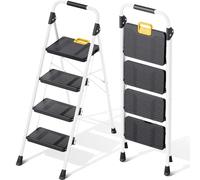 KINGRACK 4 Step Folding Ladder, Step Stool with Safety Lock, Non-Skid Wide Pedals, and Handrail, Lightweight, Household Ladder for Home, Kitchen, Pantry, Closets, and Office Use, White