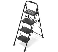 KINGRACK 4 Step Ladder, Folding Ladder with Non-Slip and Wide Pedal, Small Ladder with Handle, Sturdy Steel Step Stool, Lightweight and Portable Step Ladder, Black