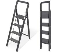 KINGRACK 4 Step Ladder with Handrail, Aluminium Folding Step Stool Portable, Non-Slip Household Stepladder with Wide Platform for Kitchen Pantry Closets Home Office, Maximum Load 150 kg, Black