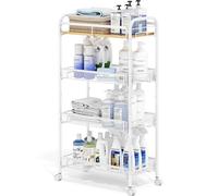KINGRACK 4-Tier Rolling Cart with Wooden Tabletop & Mesh Baskets, Slide Out Metal Utility Cart, Easy Assemble Storage Trolley for Kitchen Bathroom Laundry Room Bedroom Apartment Dormitory, White