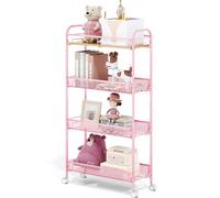 KINGRACK 4-Tier Slim Rolling Cart, Metal Storage Cart with Wooden Tabletop and Mesh Baskets for Narrow Space on Kitchen Bathroom Laundry Room Bedroom Apartments Dormitory, Pink