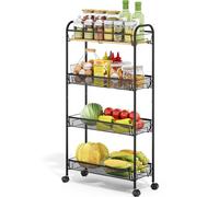 KINGRACK 4-Tier Slim Rolling Cart, Metal Utility Cart, Slide Out Storage Cart with Wooden Tabletop and Mesh Baskets for Narrow Space on Kitchen Bathroom Laundry Room Bedroom Apartments Dormitory