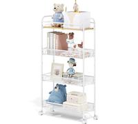 KINGRACK 4-Tier Slim Rolling Cart with Wooden Tabletop & Mesh Baskets, Slide Out Metal Utility Storage Cart for Kitchen Bathroom Laundry Room Bedroom Apartment Dormitory, White