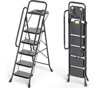 KINGRACK 5 Step Ladder, Foldable Step Stool with with Tool Tray, Anti-Slip Pedals, Handrail, Safe-Lock Design, Pass 360kg Load Testing, Heavy Duty Portable Ladder for Home, Kitchen, Black