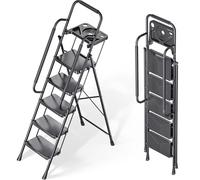 KINGRACK 5 Step Ladder, Folding Steel Step Ladder with Tool Tray, Handrail, Anti-Slip Wide Pedals, Safe Lock Design, Heavy Duty 226kg Load, Portable Ladder for Home, Outdoor, and Garage, Black