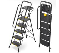 KINGRACK 5 Step Ladder, Step Ladder 5 Step Folding with Tool Tray and Safety Handrails, Lightwight Household Ladder for Your Kitchen, Pantry, Closets, Office Use