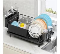 KINGRACK Dish Drainer Rack, Stainless Steel Dish Rack, Draining Board Rack with Anti-Rust Frame, Optional 2 Direction Spout Sink Drain Board Design, Removable Large Utensil Holder for Kitchen, Black