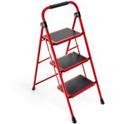 KINGRACK Folding 3-Step Ladder with Non-Slip Pedals, Sturdy Steel, Lightweight & Portable, Red