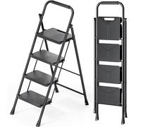 KINGRACK Folding 4 Step Ladder, Portable Ladder for Multi-Purpose, Home, Kitchen, Heavy Sturdy Steel Step Stool with Anti-Slip Wide Pedals, Handrail, Safe-Lock Design, Pass 500lbs Load Testing, Black