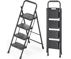 KINGRACK Folding 4 Step Ladder, Portable Ladder for Multi-Purpose, Home, Kitchen, Heavy Sturdy Steel Step Stool with Anti-Slip Wide Pedals, Handrail, Safe-Lock Design, Pass 500lbs Load Testing, Black