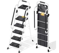 KINGRACK Folding 5-Step Ladder, 800 lbs Capacity Step Stool with Safety Lock, Tool Tray, Non-Skid Wide Steps, Handrail, Household Ladder for Home, Garden, Painting, Outdoor, and Garage Use, White