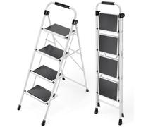 KINGRACK Folding Step Ladder 4 Steps Stool, Heavy-Duty Sturdy Tall Stepladder with Handrails & Wide Pedals for Adults, Safety Steel Household Ladders for Home Kitchen Office, White