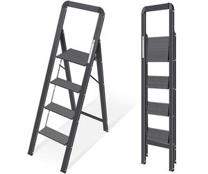 KINGRACK Folding Step Ladder, 4 Steps with Handrail, Non-Slip Aluminium Step Stool, Maximum Load 150 kg, Black