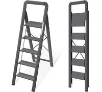 KINGRACK Folding Step Ladder, 5 Steps with Handrail, Non-Slip Aluminium - 150 kg Max Load - Black