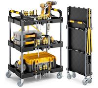KINGRACK Heavy-Duty 3-Tier Tool Cart on Wheels, Foldable Service Trolley