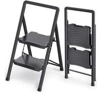 KINGRACK Heavy Sturdy 2 Step Ladder, Portable Ladder for Home, Kitchen, Folding Steel Step Stool with Anti-Slip Wide Pedals, Handrail, Safe-Lock Design, Pass 800lbs Load Testing, Black