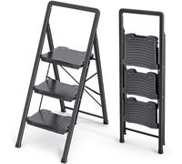 KINGRACK Heavy Sturdy 3 Step Ladder, Portable Ladder for Home, Kitchen, Folding Steel Step Stool with Anti-Slip Wide Pedals, Handrail, Safe-Lock Design, Pass 800lbs Load Testing, Black