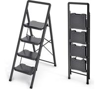 KINGRACK Heavy Sturdy 4 Step Ladder, Portable Ladder for Home, Kitchen, Folding Steel Step Stool with Anti-Slip Wide Pedals, Handrail, Safe-Lock Design, Pass 800lbs Load Testing, Black