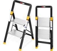 KINGRACK Step Ladder 2 Steps Foldable Aluminium Folding Ladder with Handrail, Household Ladder Non-Slip Stable and Wide Peda, Ladder up to 150 kg Load Capacity for Household, Kitchen, Office