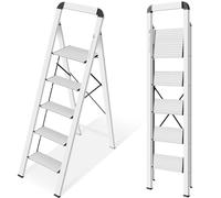 Kingrack Step Ladder, 5 Steps, Foldable Step Ladder with Handrail, Non-Slip Household Ladder with Folding Safety, Aluminium Step Stool, Maximum Load 150 kg