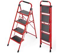 KINGRACK Step Ladder, Folding Ladder with Non-Slip and Wide Pedal, Folding Step Stool for Adults, Lightweight and Portable Step Ladder (Red, 4 Steps with handrail)