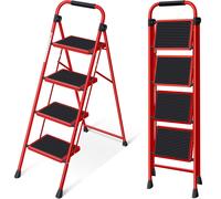 KINGRACK Step Ladder, Folding Ladder with Non-Slip and Wide Pedal, Folding Step Stool for Adults, Lightweight and Portable Step Ladder (Red, 4 Steps w