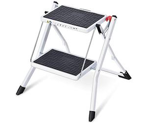 Kingrack Step Ladder Stool, Double Side Folding Step Stool, Portable 2 Step Ladder with handdle, Anti-Slip Large Platform, Slim Household Stepladder with Multi-function, White