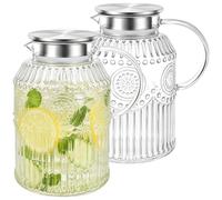 Kingrol 2 Pack 60 oz Clear Plastic Pitchers with Lids and Handles, 1.8L Cold Water Jugs with Stainless Steel Dual-Pour Lids, Vintage Textured Drink Pitchers for Iced Tea, Lemonade, Juice, Fruit Water