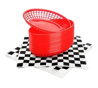 Kingrol 250 Checkered Deli Liners and 30 Red Fast Food Baskets, 8.9 x 5.6 x 1.5 Inch Oval Plastic Platter for Restaurant BBQ Party Supplies, Home Office School Storage Basket Bins