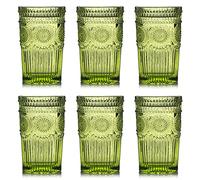 Kingrol 6 Pack 12oz Vintage Drinking Glasses, Embossed Romantic Water Glassware, 350ml Glass Tumbler Set for Juice, Beverages, Beer, Cocktail (Green)