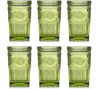 Kingrol 6 Pack 12oz Vintage Drinking Glasses, Embossed Romantic Water Glassware, 350ml Glass Tumbler Set for Juice, Beverages, Beer, Cocktail (Green)