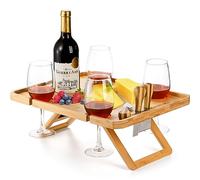 Kingrol Bamboo Wine Picnic Table with Wine Bottle, 40x31x15cm Glass and Cheese Knife Holder - Park, Camping, Beach, Outdoor Snack and Cheese Tray, Wine Lover Gifts, Foldable and Portable